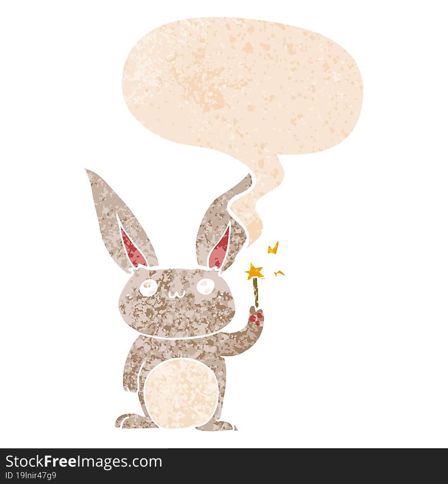 cute cartoon rabbit and speech bubble in retro textured style