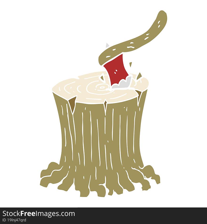 flat color illustration of a cartoon axe in tree stump