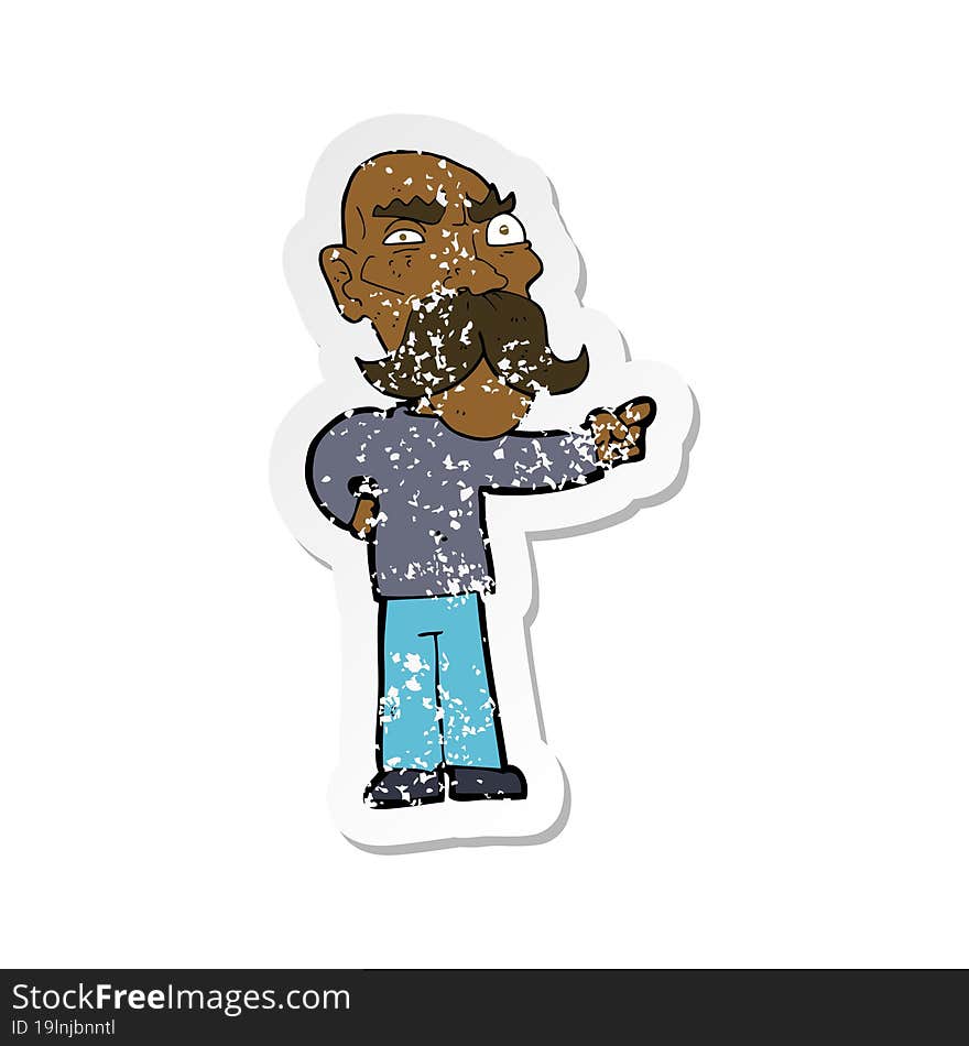 Retro Distressed Sticker Of A Cartoon Annoyed Old Man Pointing