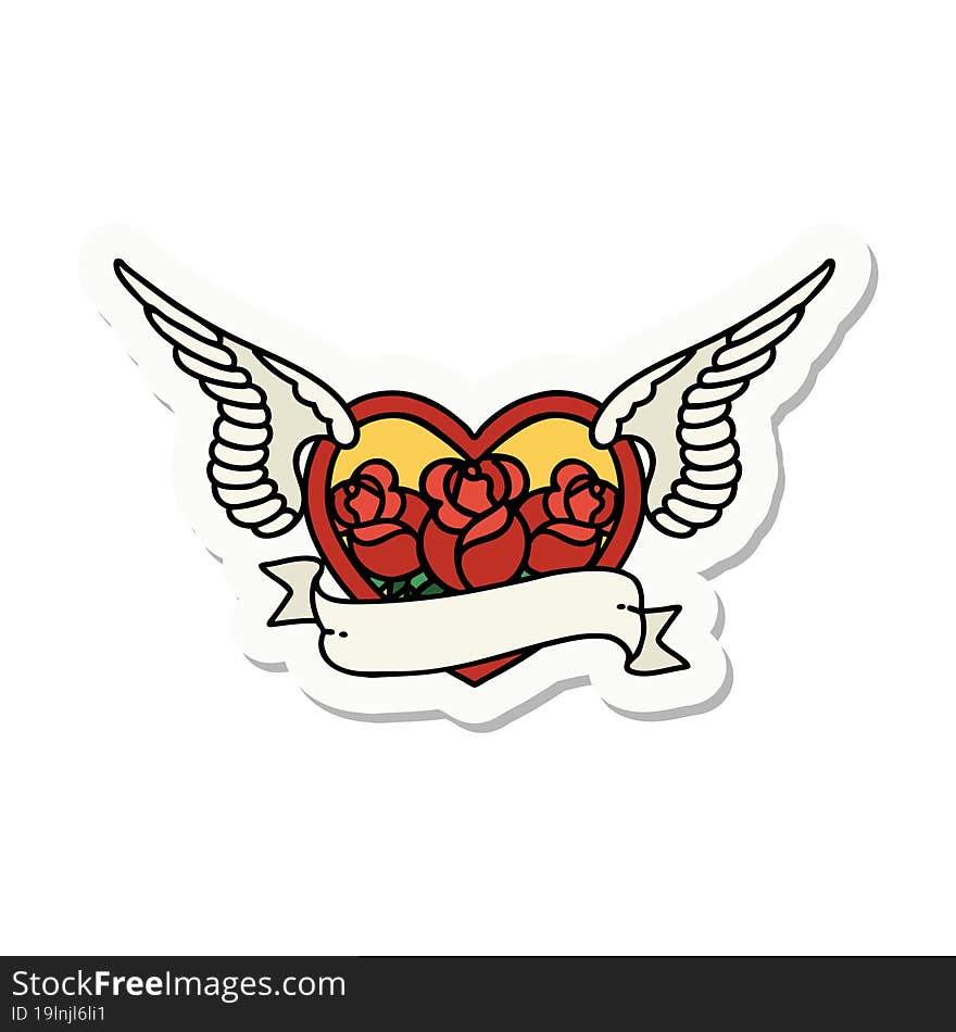 tattoo style sticker of a flying heart with flowers and banner