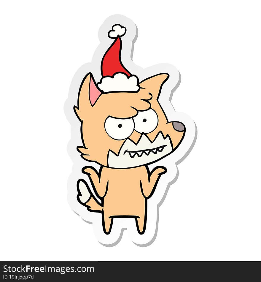 sticker cartoon of a grinning fox wearing santa hat