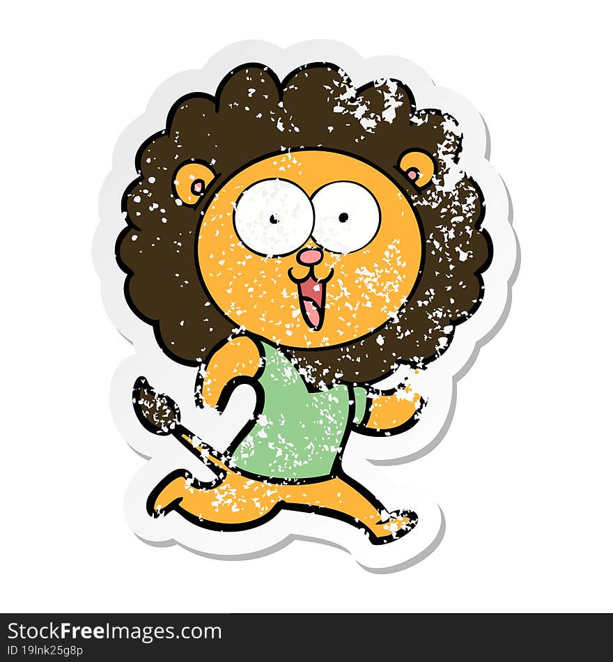 distressed sticker of a happy cartoon lion