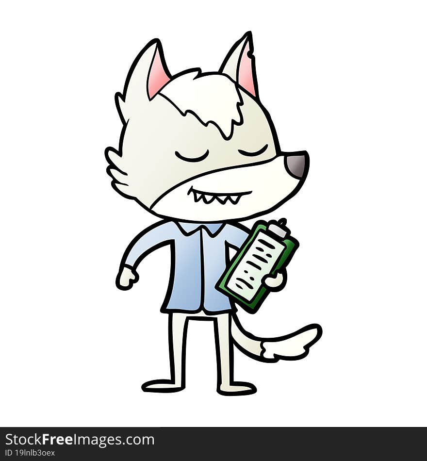 friendly cartoon wolf with notes. friendly cartoon wolf with notes