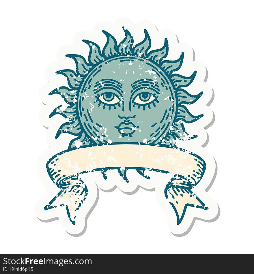 Grunge Sticker With Banner Of A Sun With Face