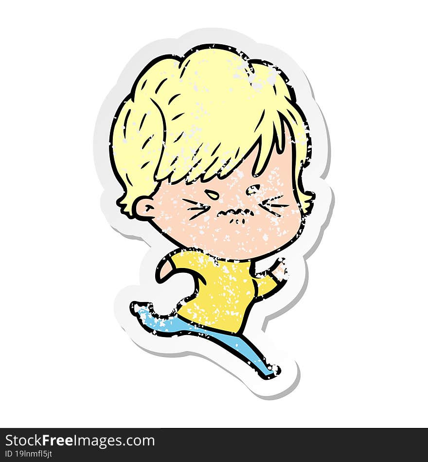 Distressed Sticker Of A Cartoon Frustrated Woman