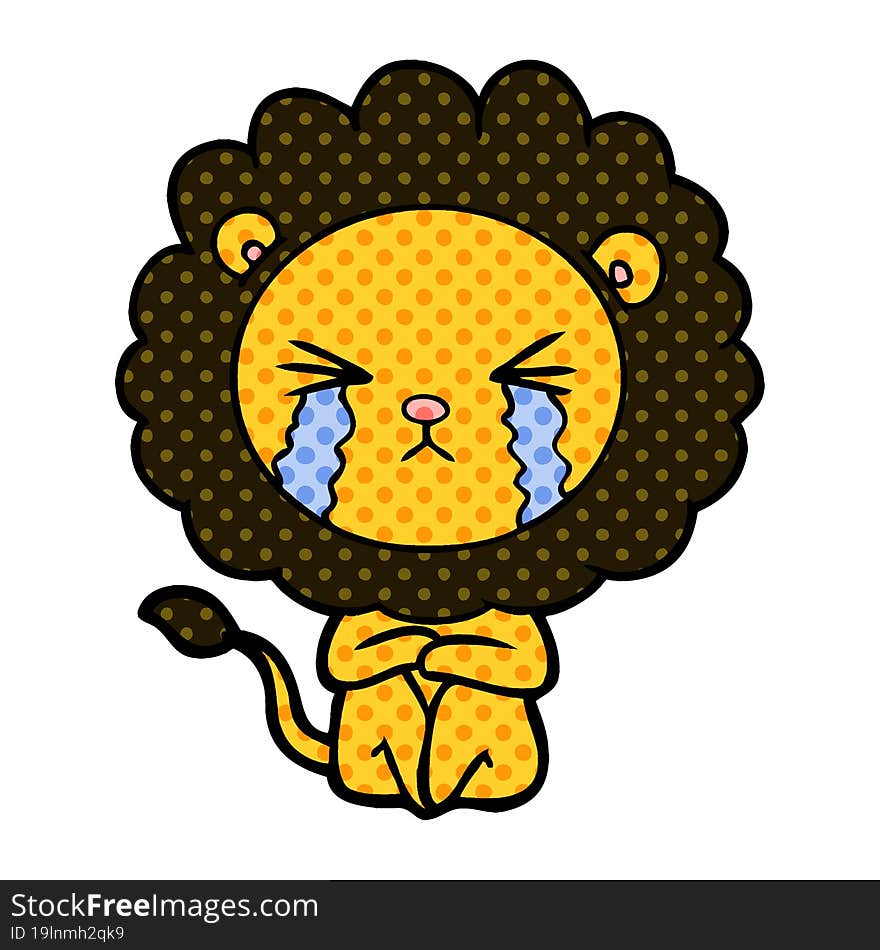 cartoon crying lion sitting huddled up. cartoon crying lion sitting huddled up