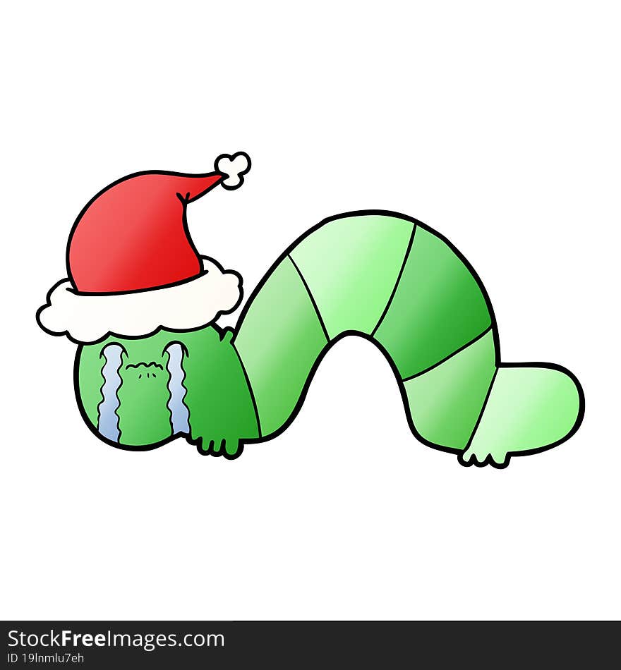 gradient cartoon of a caterpillar obsessing over his regrets wearing santa hat