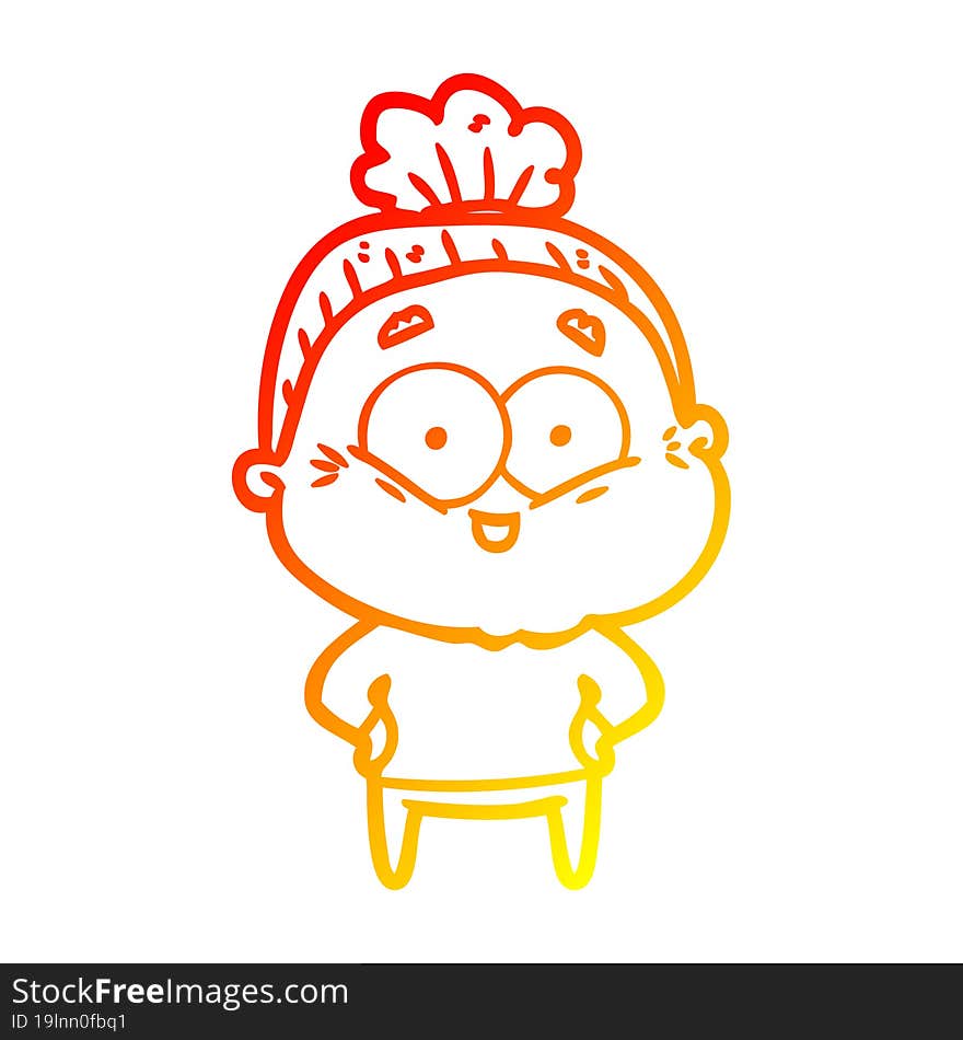 warm gradient line drawing of a cartoon happy old woman