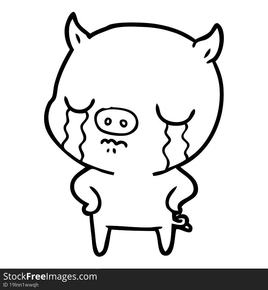 cartoon pig crying with hands on hips. cartoon pig crying with hands on hips