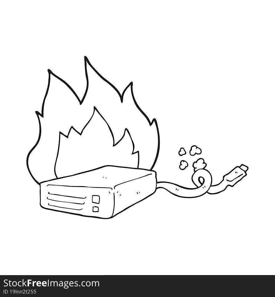 freehand drawn black and white cartoon computer hard drive burning