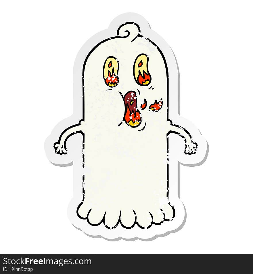 distressed sticker of a cartoon ghost with flaming eyes