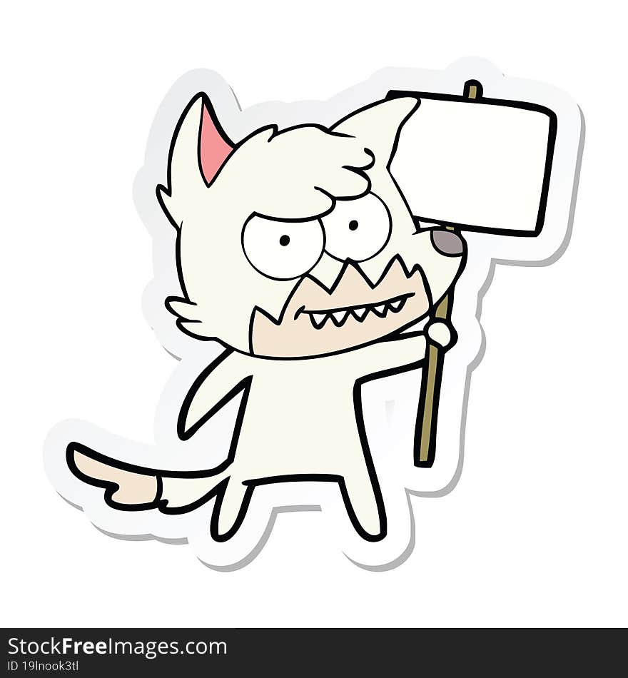 sticker of a cartoon grinning fox with protest sign