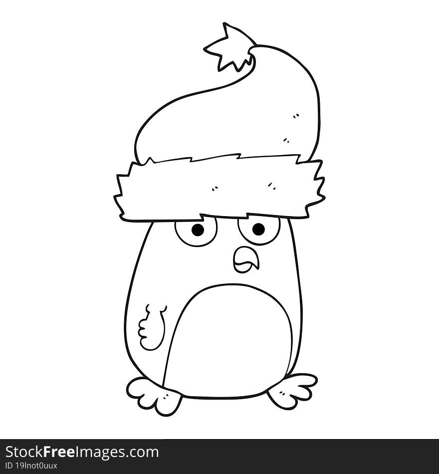 black and white cartoon christmas robin wearing santa hat