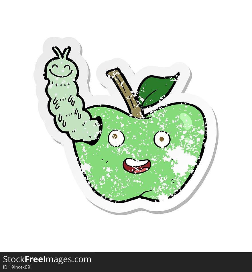 retro distressed sticker of a cartoon apple with bug