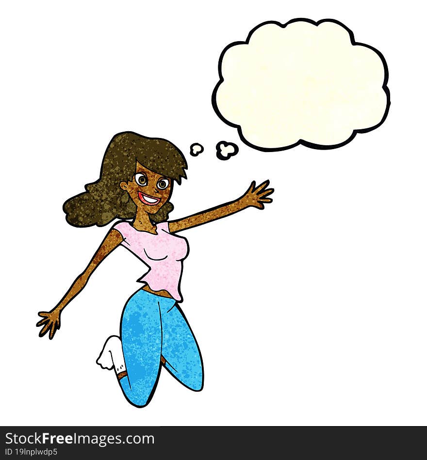 cartoon jumping woman with thought bubble