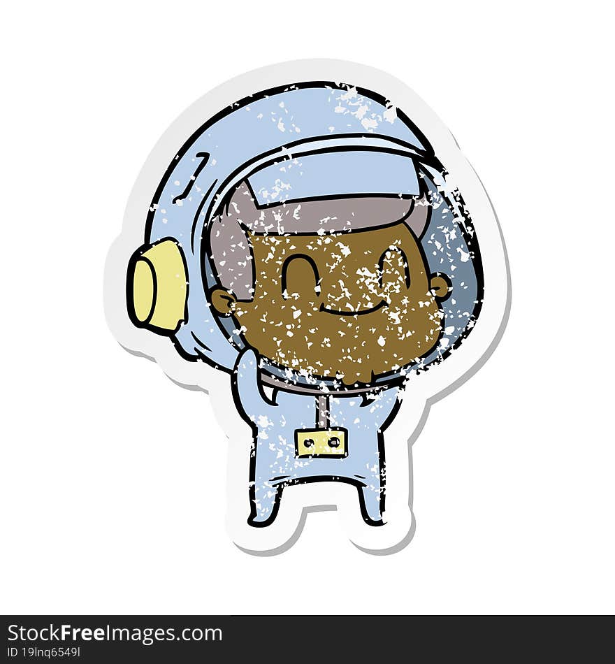 distressed sticker of a happy cartoon astronaut man