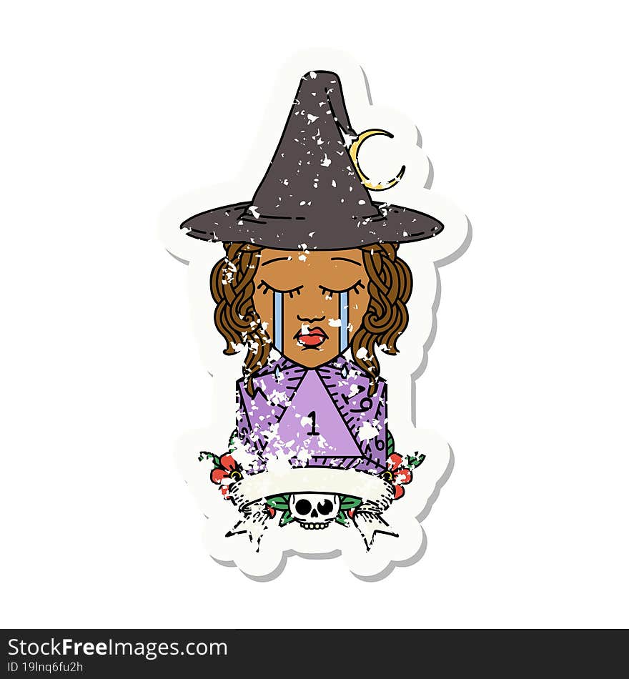 Retro Tattoo Style crying human witch with natural one roll. Retro Tattoo Style crying human witch with natural one roll