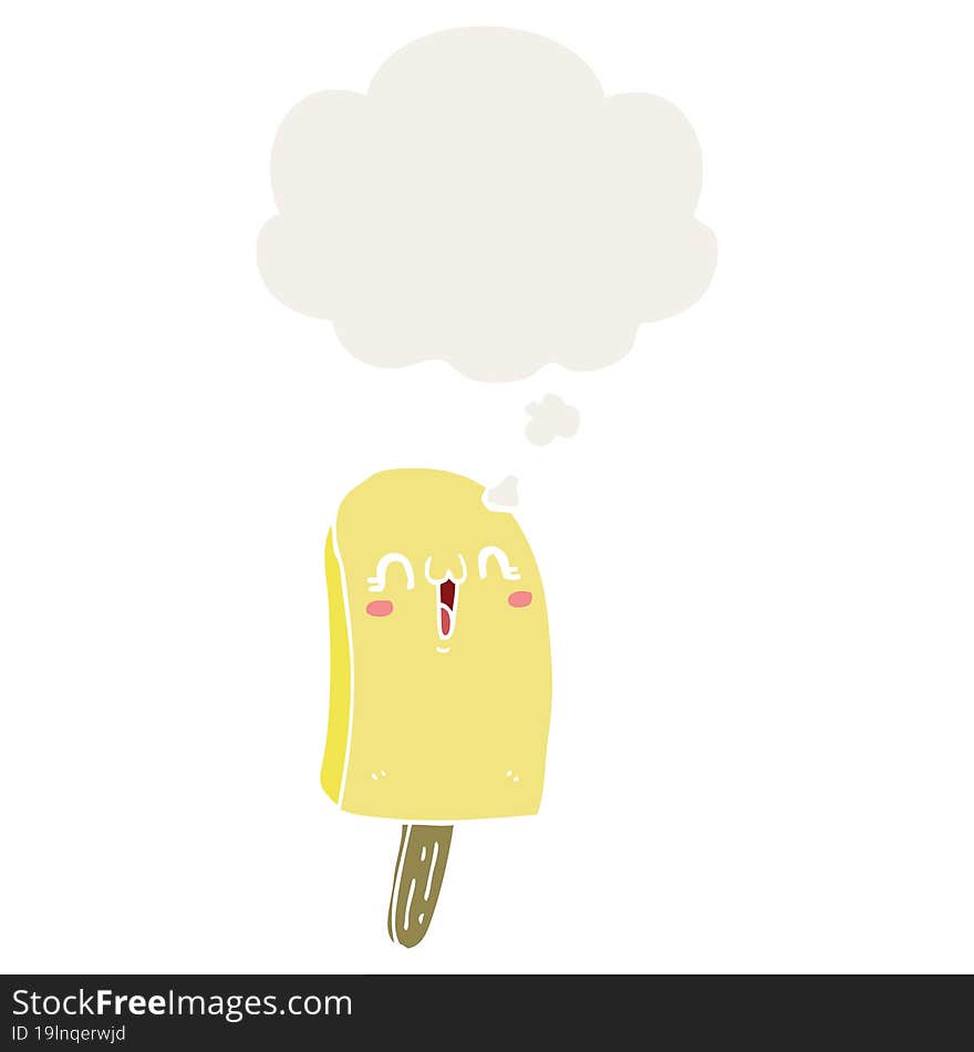 cartoon frozen ice lolly with thought bubble in retro style