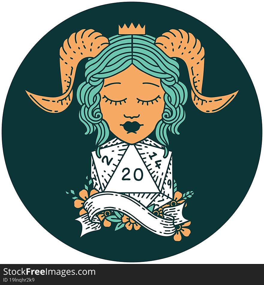 icon of tiefling with natural twenty dice roll. icon of tiefling with natural twenty dice roll