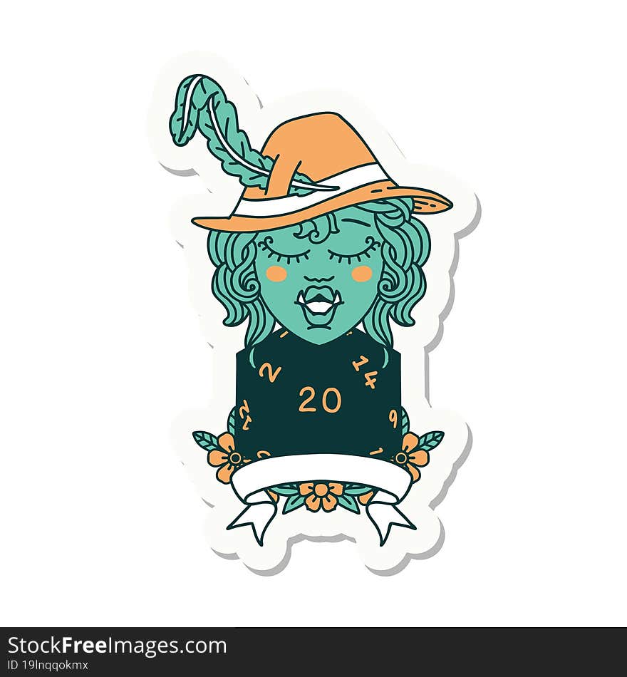 sticker of a half orc bard with natural 20 dice roll. sticker of a half orc bard with natural 20 dice roll