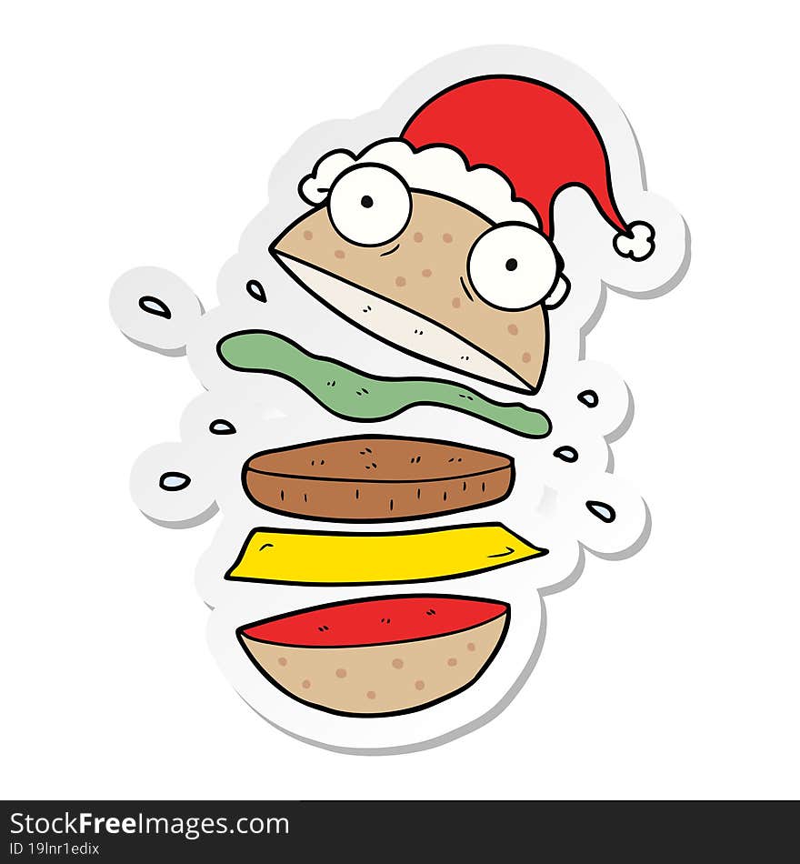 sticker cartoon of a amazing burger wearing santa hat