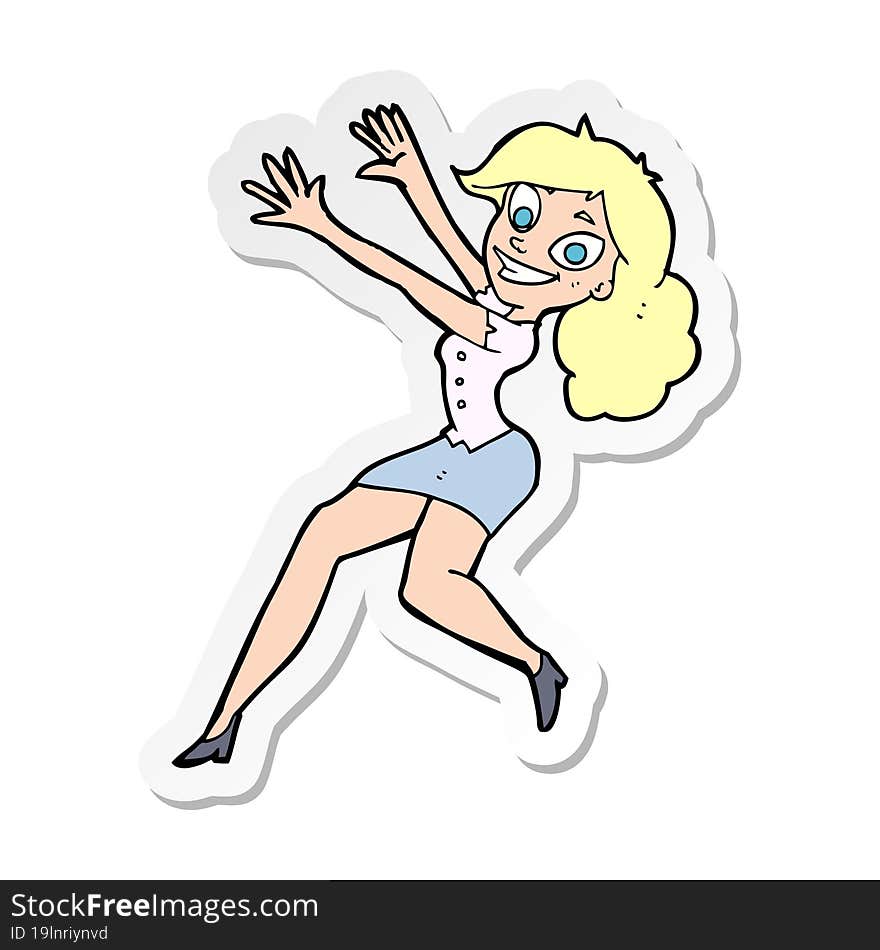 Sticker Of A Cartoon Happy Woman Jumping