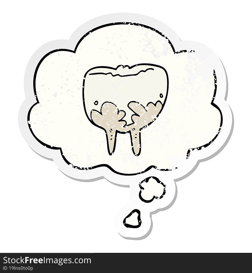 cartoon tooth and thought bubble as a distressed worn sticker