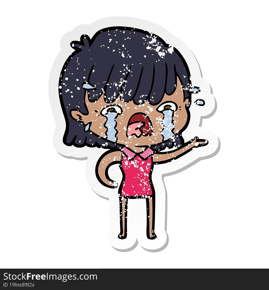 distressed sticker of a cartoon girl crying