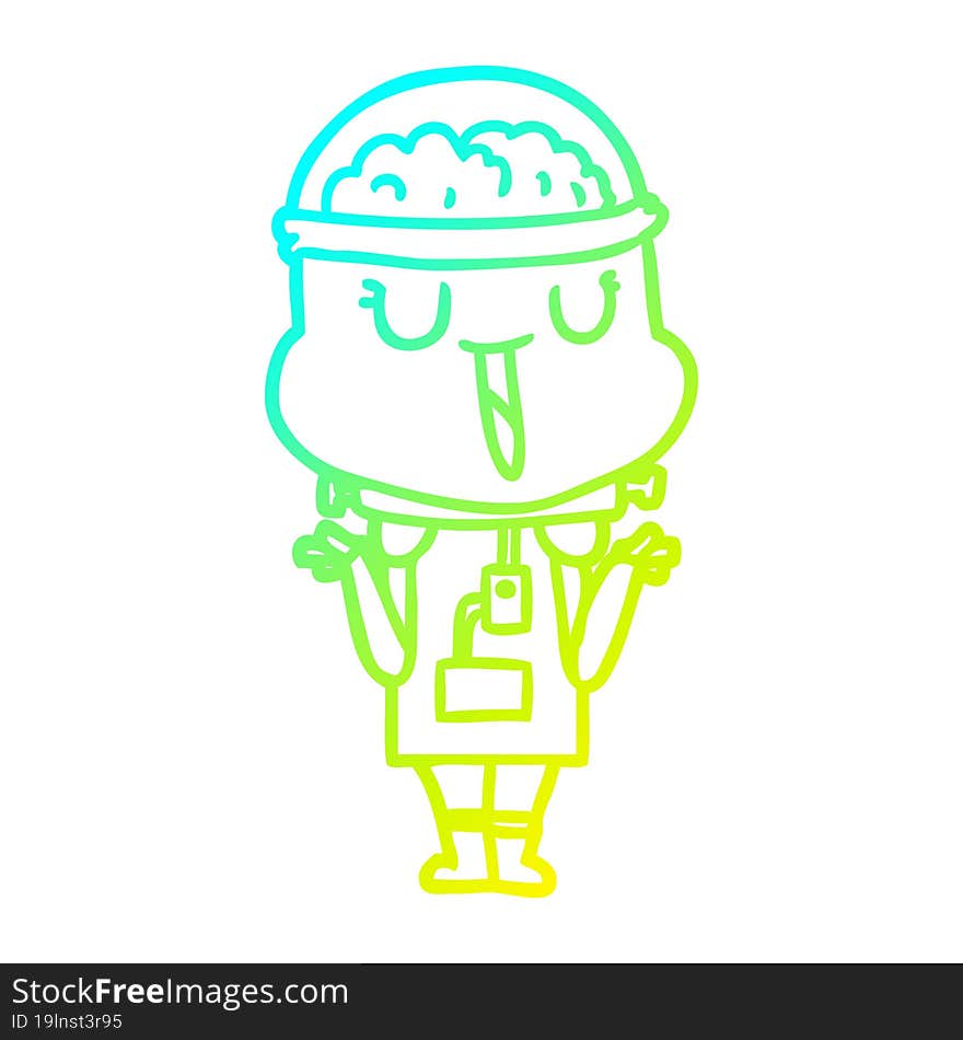 cold gradient line drawing happy cartoon robot shrugging shoulders