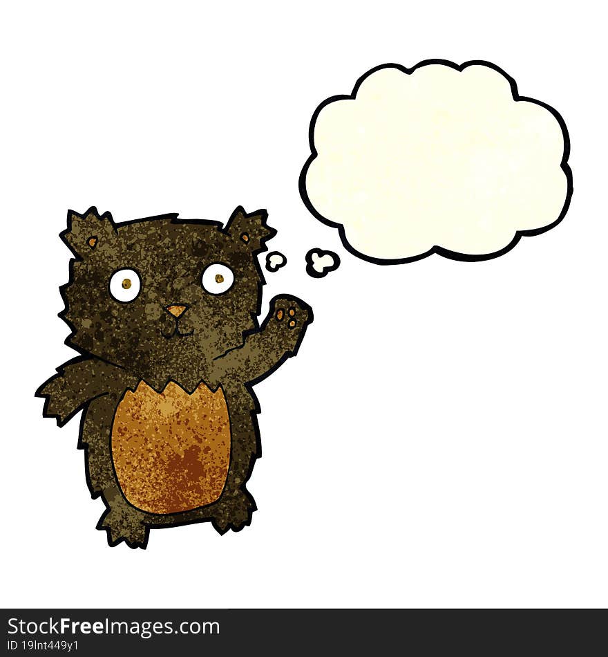 cartoon waving black bear cub with thought bubble