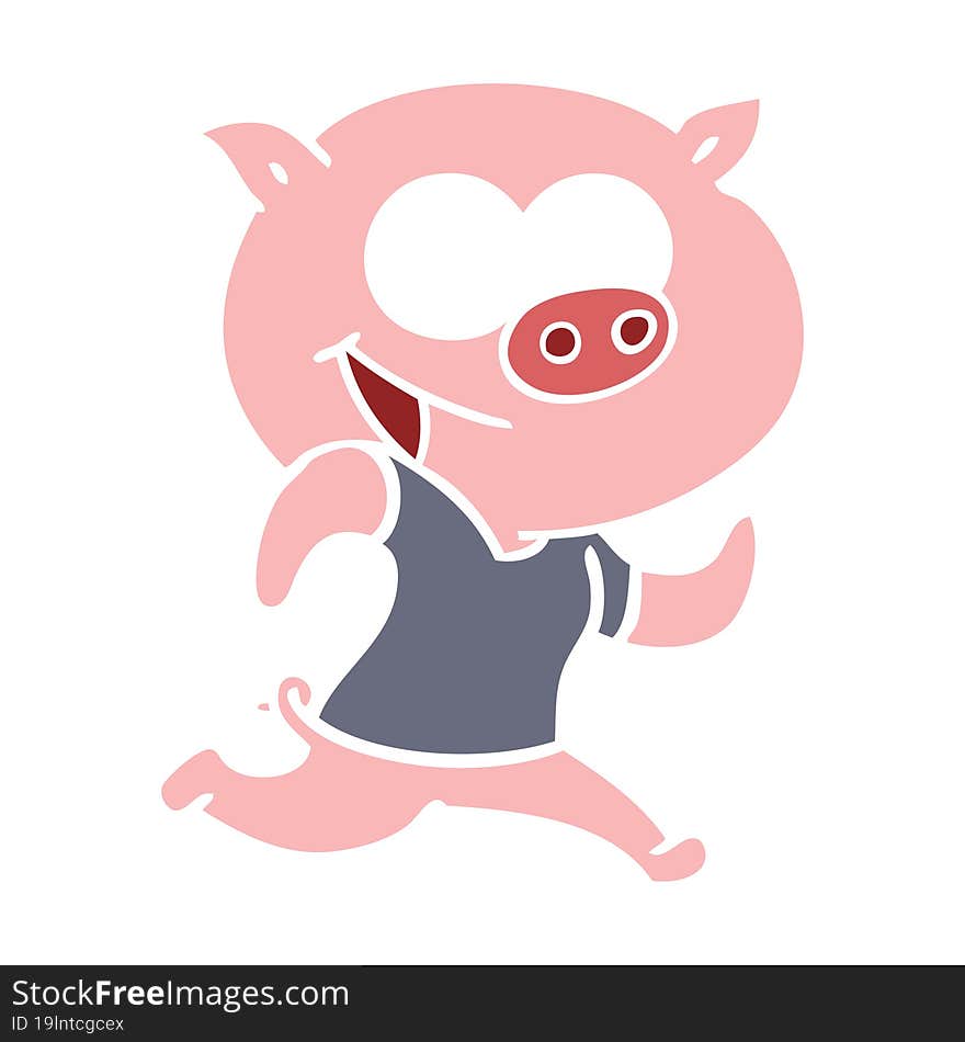 cheerful pig exercising flat color style cartoon