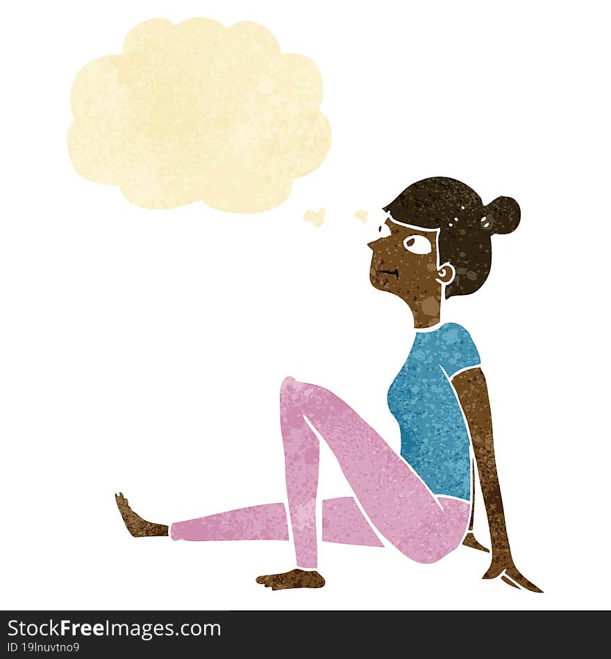 cartoon woman sitting with thought bubble