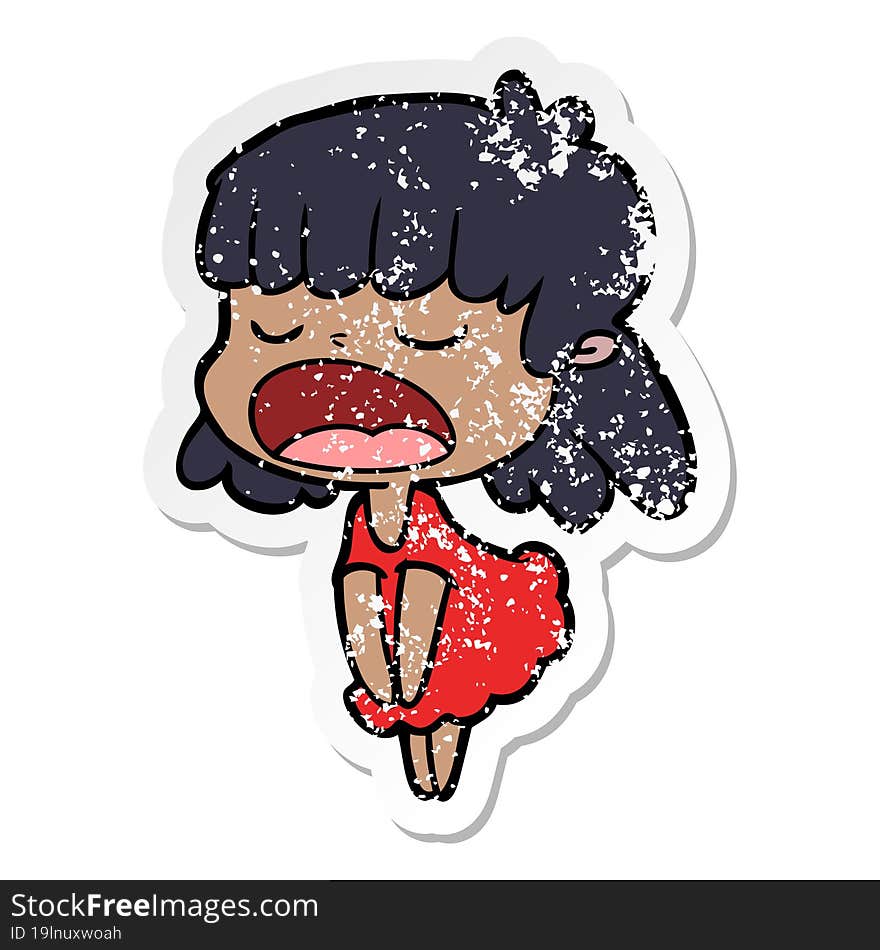 distressed sticker of a cartoon woman talking loudly