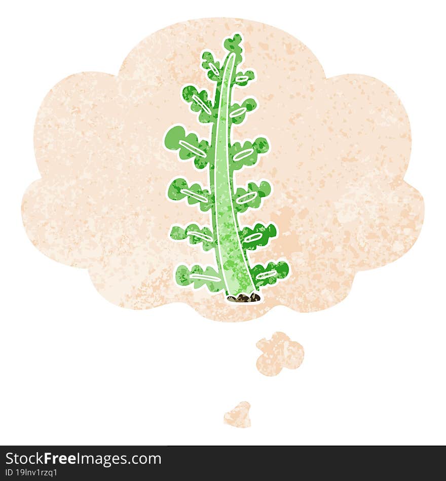 cartoon plant and thought bubble in retro textured style