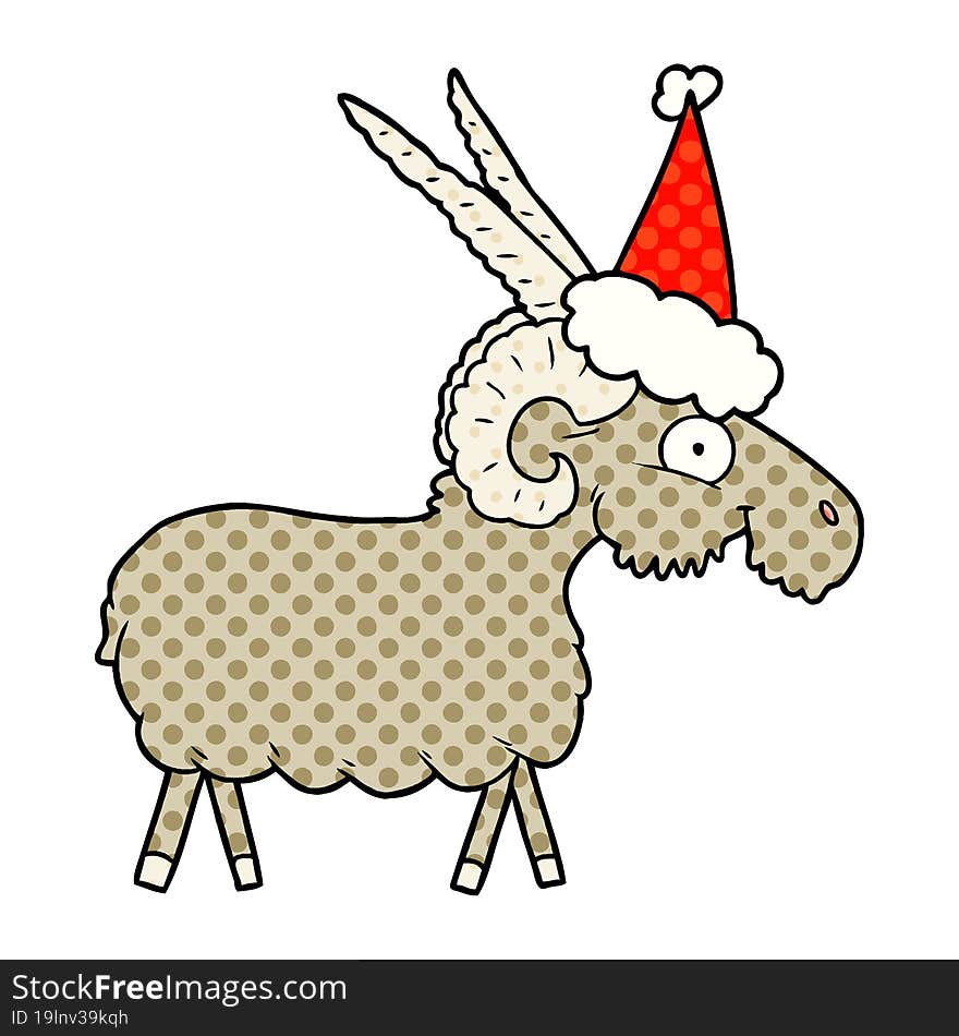 hand drawn comic book style illustration of a goat wearing santa hat