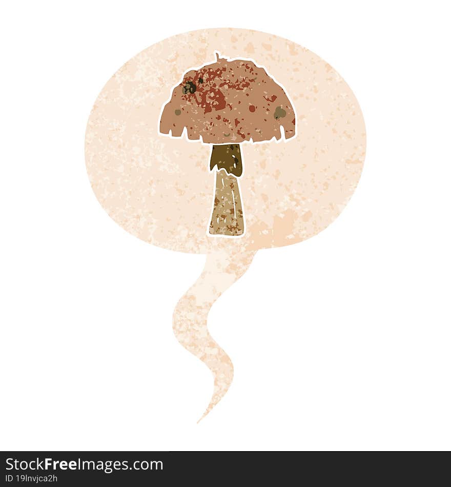 cartoon mushroom with speech bubble in grunge distressed retro textured style. cartoon mushroom with speech bubble in grunge distressed retro textured style