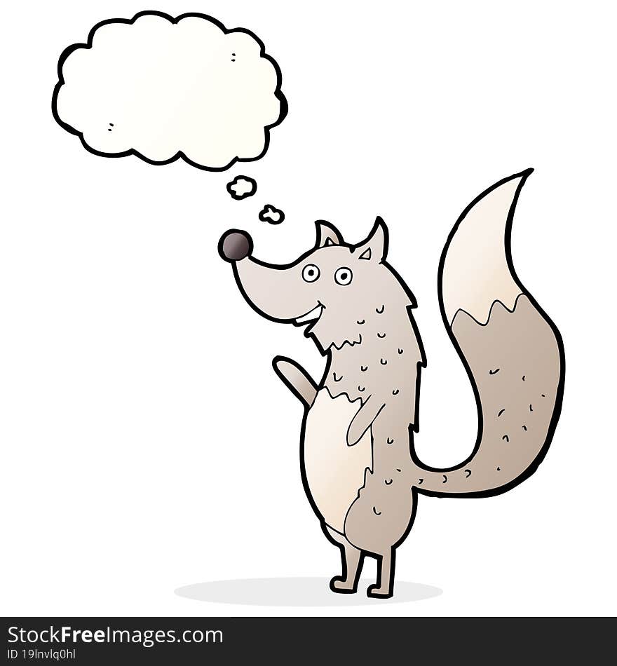 cartoon waving wolf with thought bubble