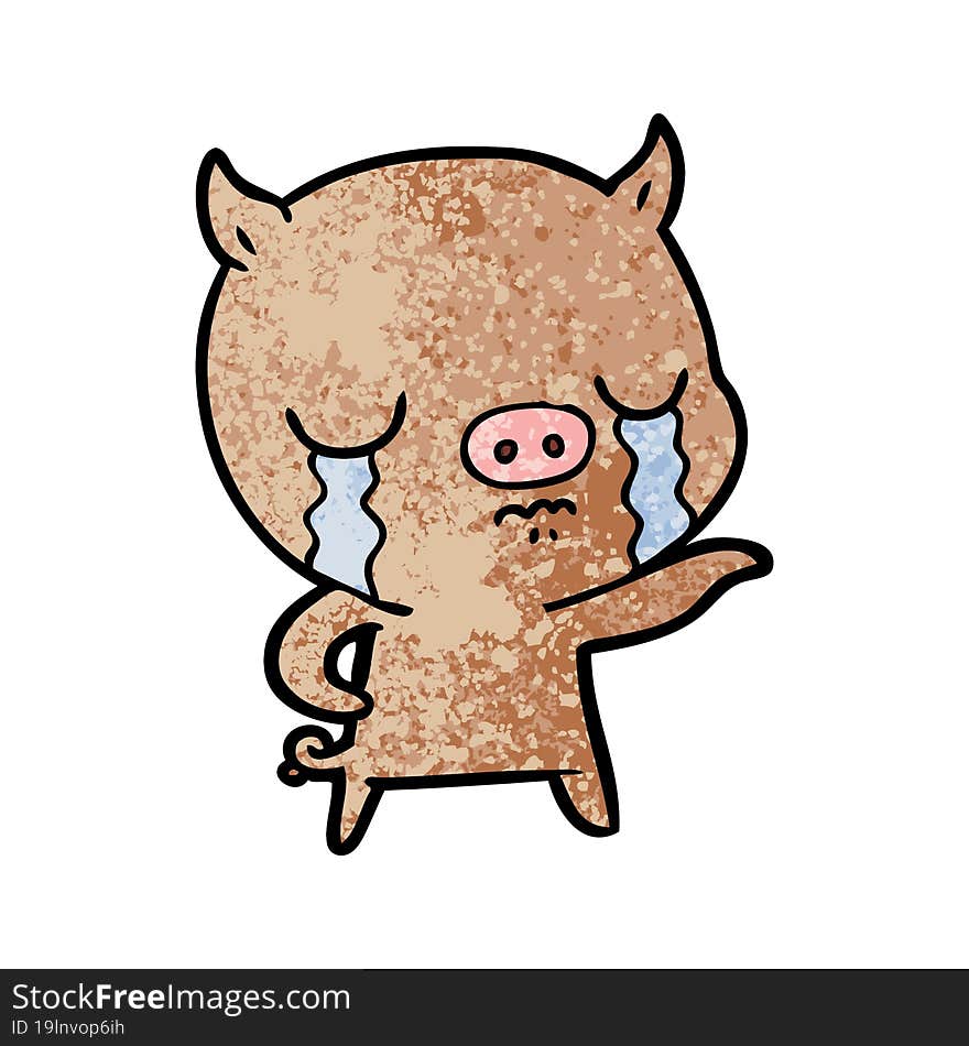 cartoon pig crying pointing. cartoon pig crying pointing