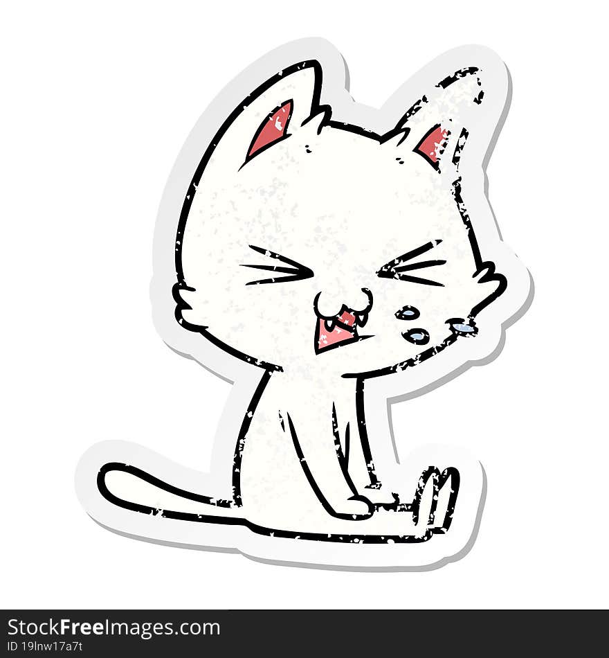 distressed sticker of a cartoon sitting cat hissing