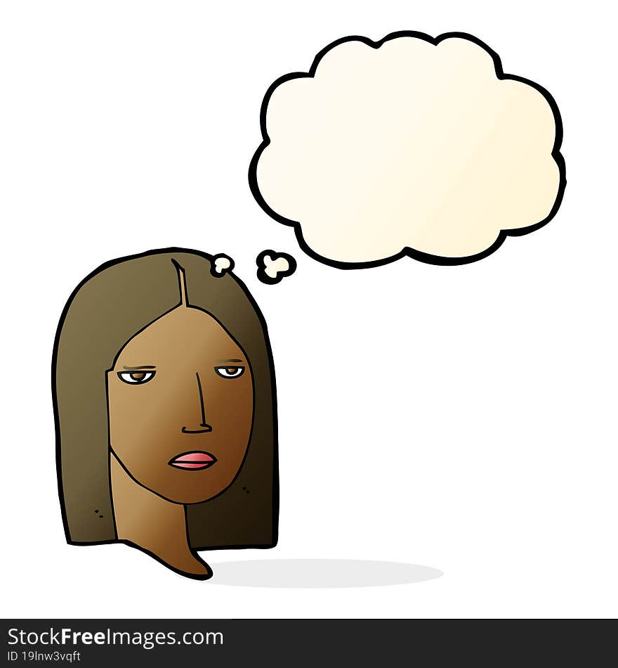 cartoon serious woman with thought bubble