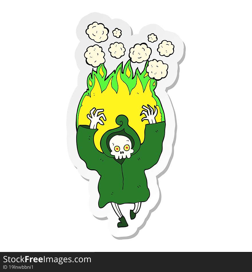 sticker of a cartoon dancing flaming death skeleton