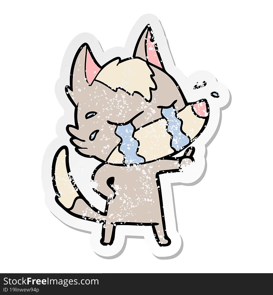 distressed sticker of a cartoon crying wolf