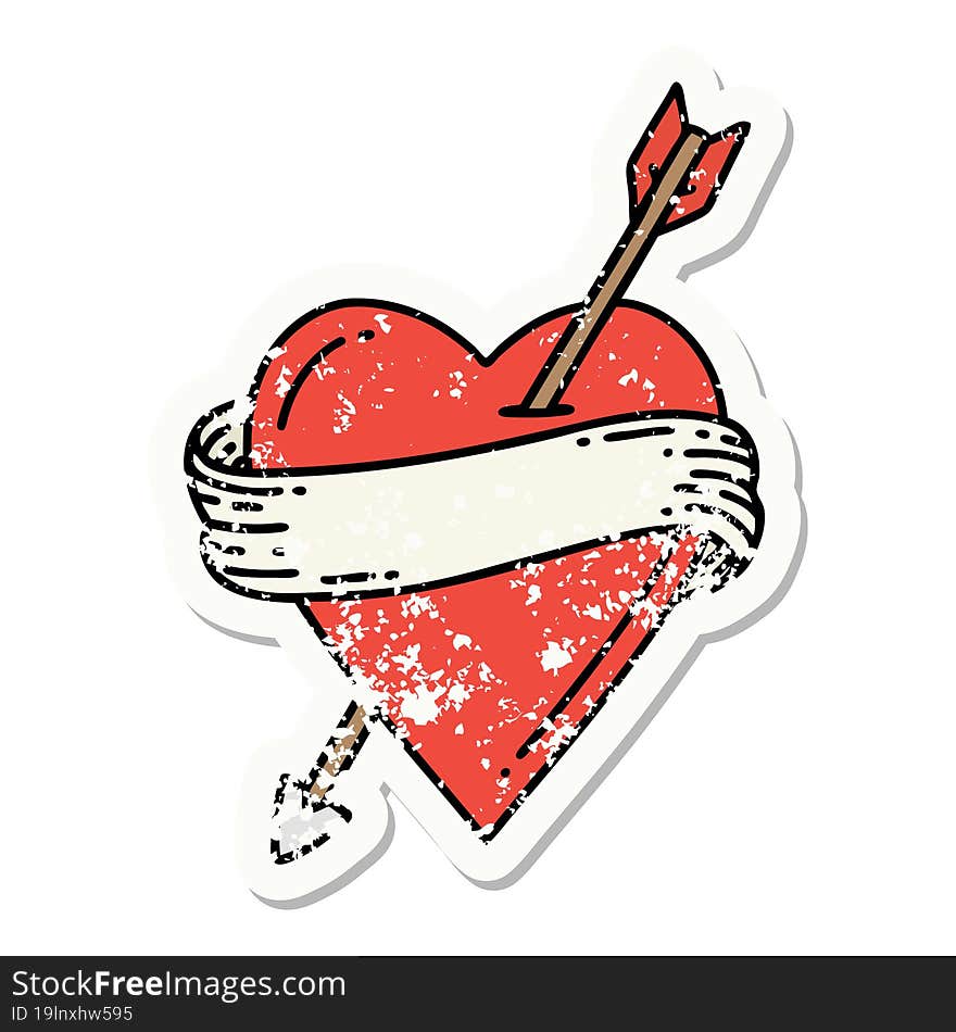 distressed sticker tattoo in traditional style of an arrow heart and banner. distressed sticker tattoo in traditional style of an arrow heart and banner