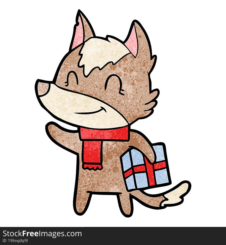 friendly cartoon wolf with present. friendly cartoon wolf with present