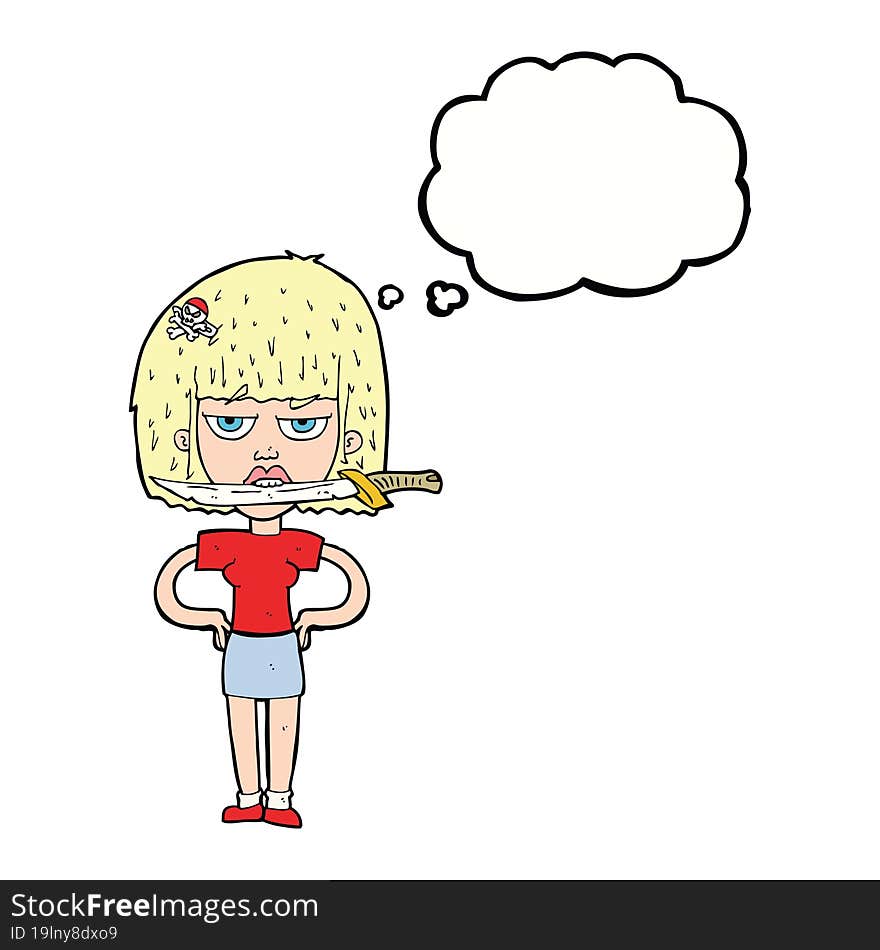 cartoon woman with knife between teeth with thought bubble