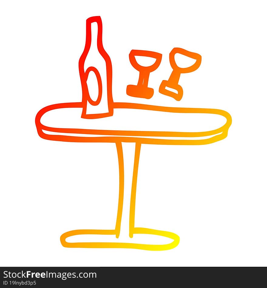 warm gradient line drawing of a cartoon table with bottle and glasses