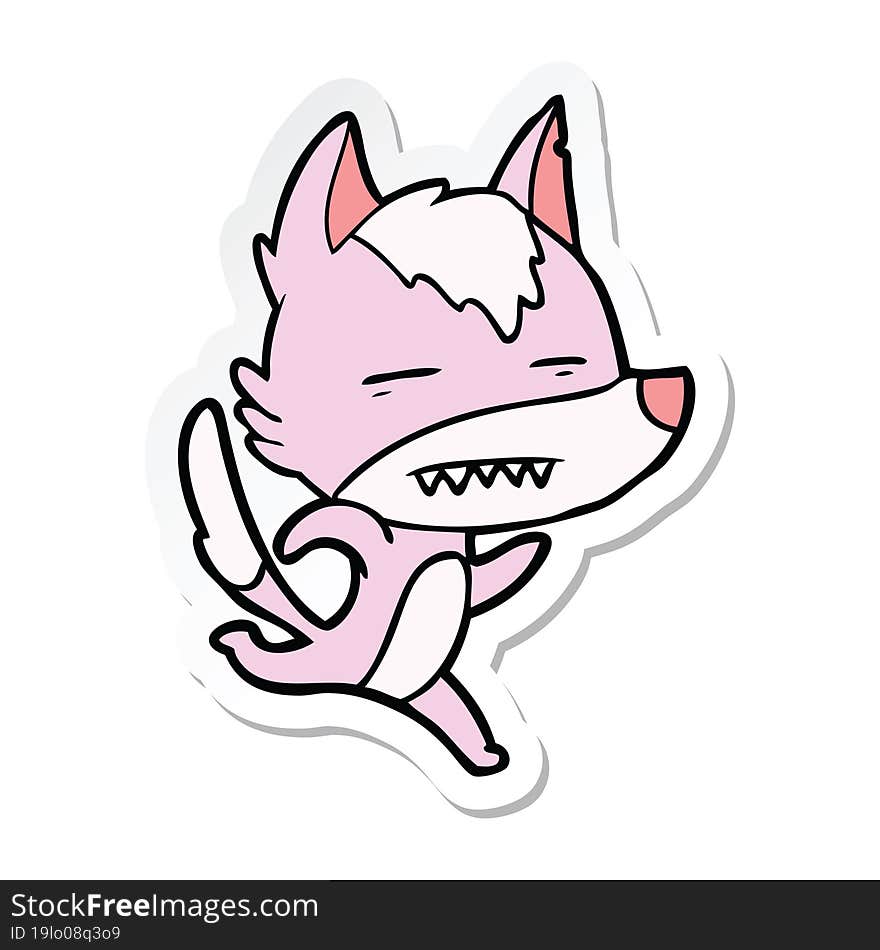 sticker of a cartoon wolf running showing teeth