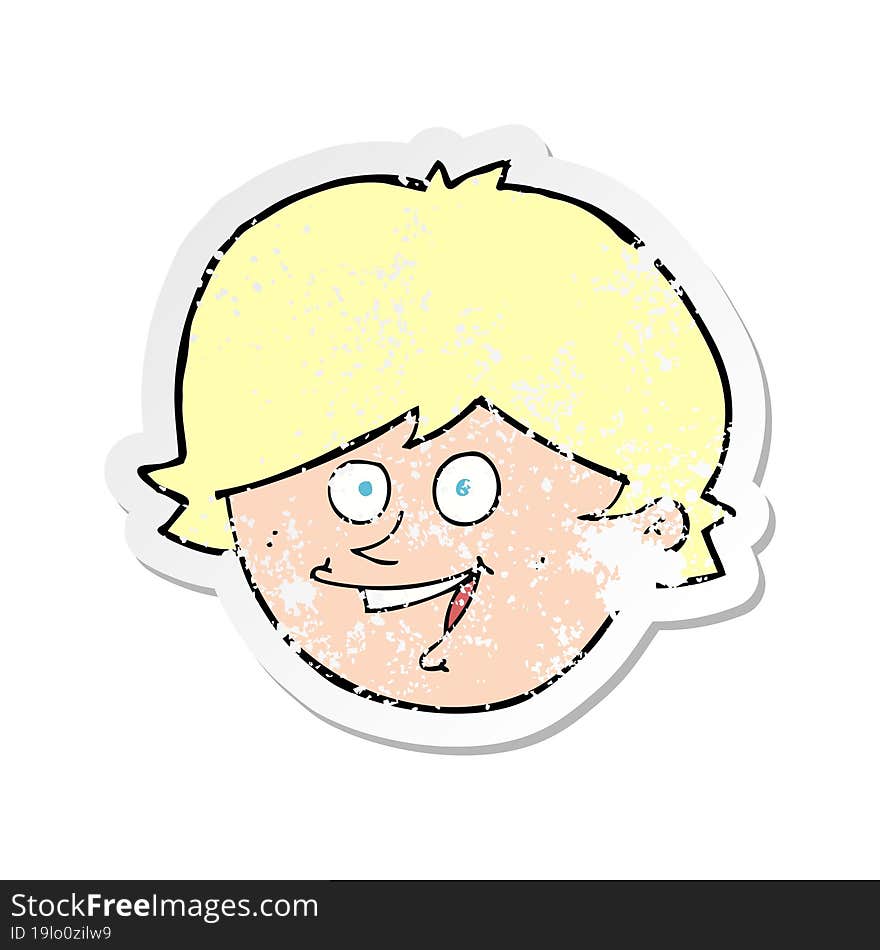 retro distressed sticker of a cartoon happy boy face