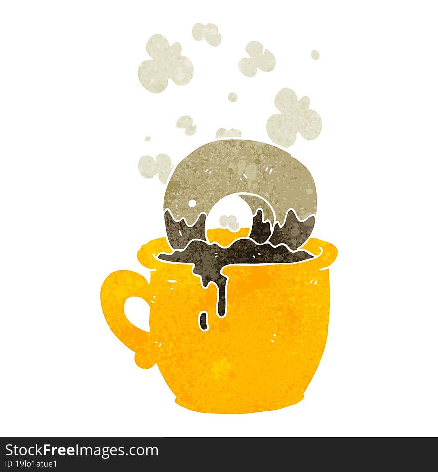 retro cartoon donut dunked in coffee