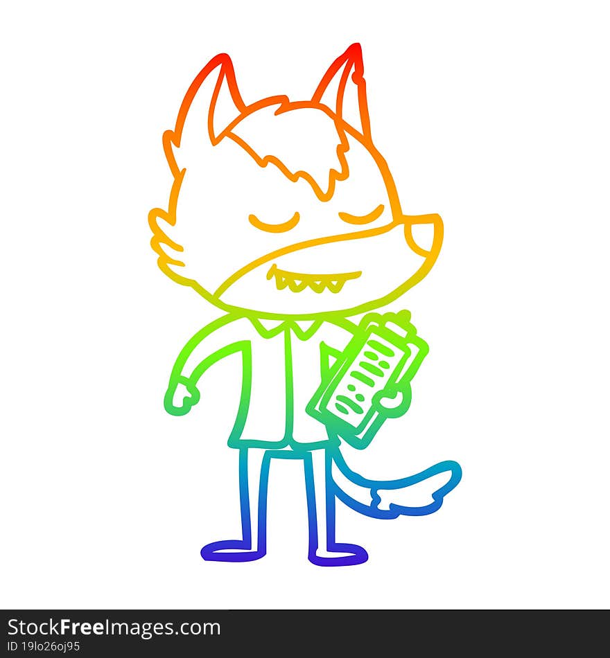 Rainbow Gradient Line Drawing Friendly Cartoon Wolf With Notes